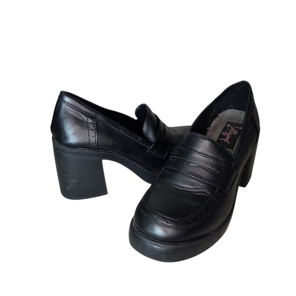 JellyPop Womens 8M Black Faux Leather Slip On Classic Loafer Chunky Block Heels